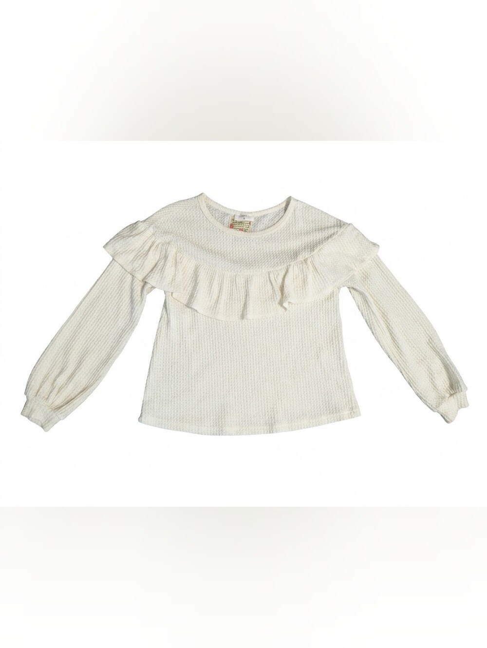 EVERLY Cream Waffle Knit Ruffle Yoke Womens S Long Sleeve Thermal Boho Coquette